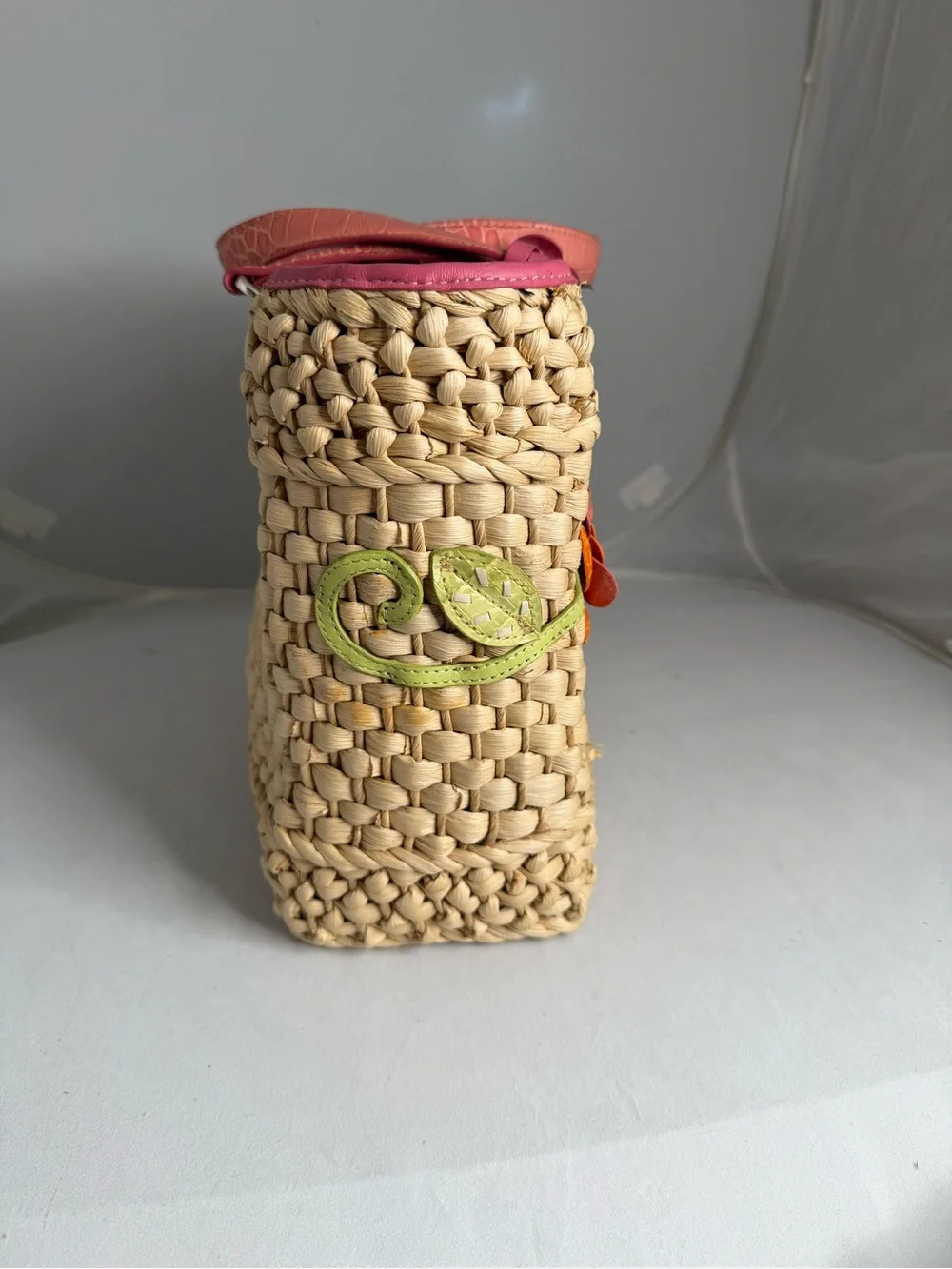 Brighton Beige Straw Tote with Pink Trim and Multicolor leather Floral Appliqués - Picture 4 of 12